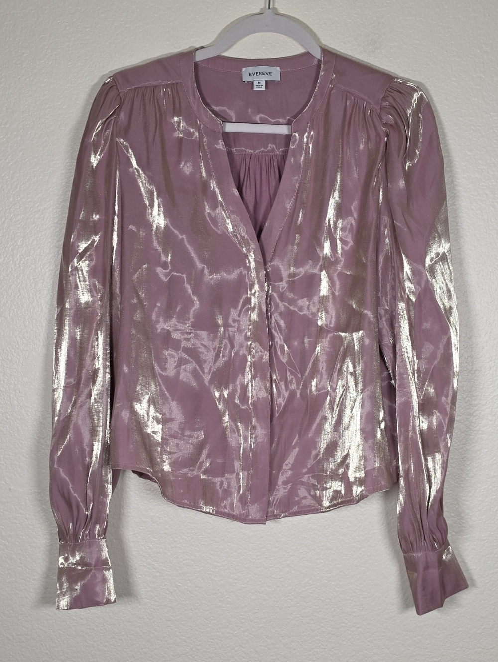 Evereve Shimmery Mauve V-Neck Long Sleeve Blouse M
